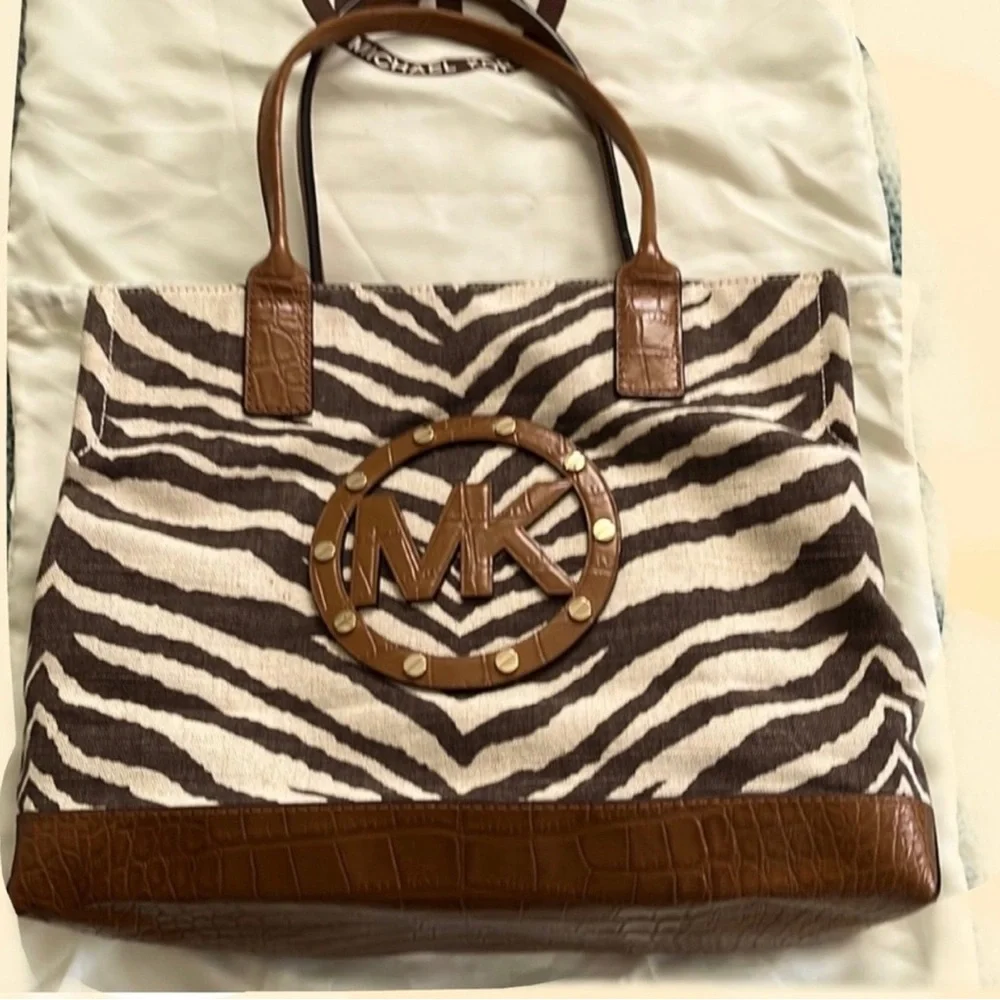 Michael Kors Zebra Print Tote and Clutch Set - Brown
